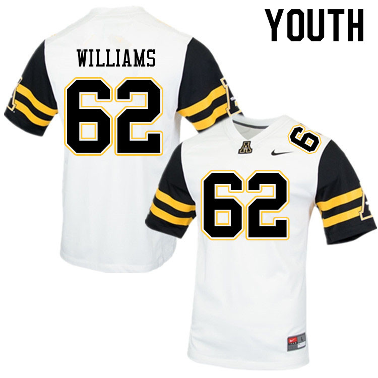 Youth #62 Bucky Williams Appalachian State Mountaineers College Football Jerseys Sale-White - Click Image to Close